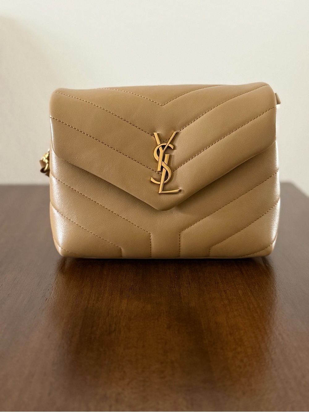 Saint Laurent Quilted Chevron Crossbody Bag in Camel